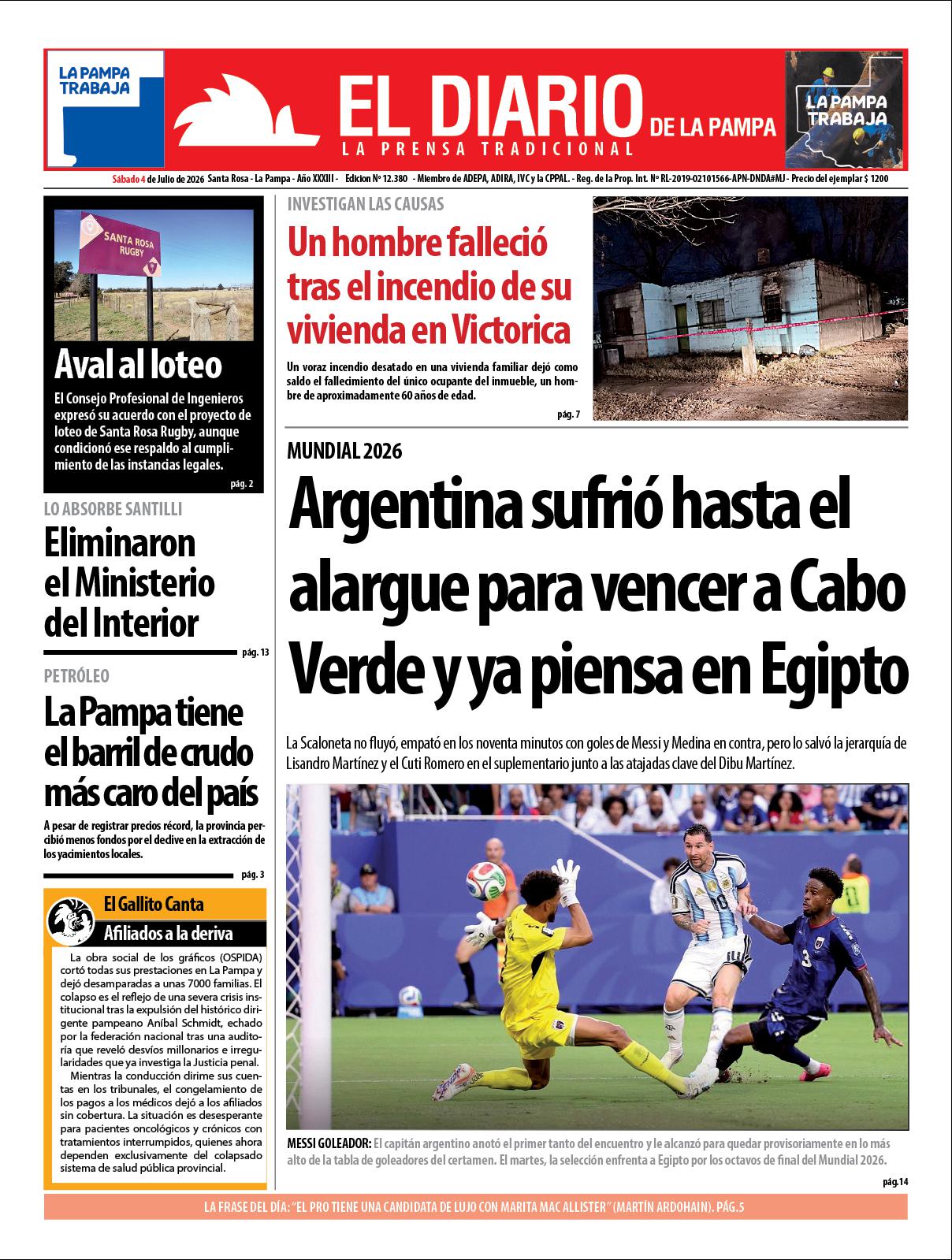 Tapa de El Diario en papel  saacutebado 04 de julio de 2026